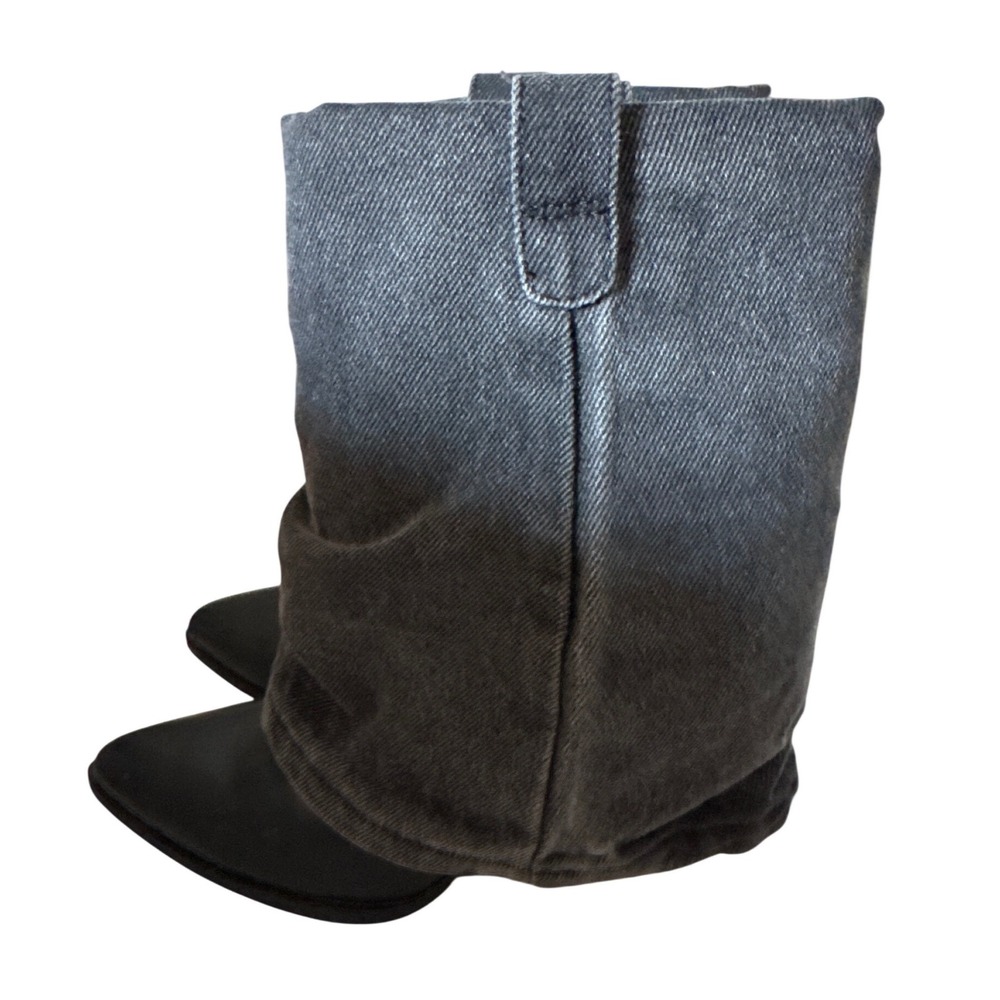 Steve Madden Lavish Denim Gaiter Boots Grey Black Pointed Toe Block Heel 6.5M